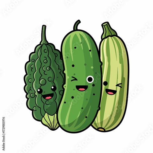 Cartoon Vegetables Bitter Melon Pickle and Zucchini with Smiling Faces.