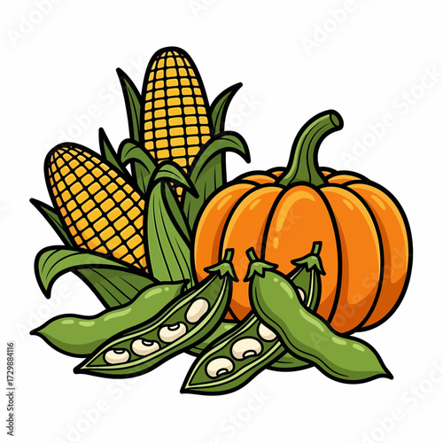 Cartoonish Harvest Bounty Corn Pumpkin and Open Pea Pods Illustration.