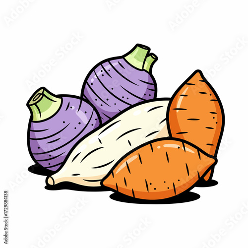 Cartoonish Root Vegetables Turnips Daikon Radish and Sweet Potatoes Illustration.