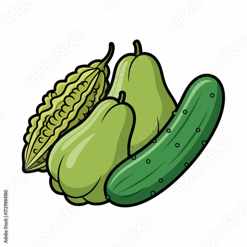 Cartoonish Still Life of Bitter Melon Chayote Squash and a Cucumber.