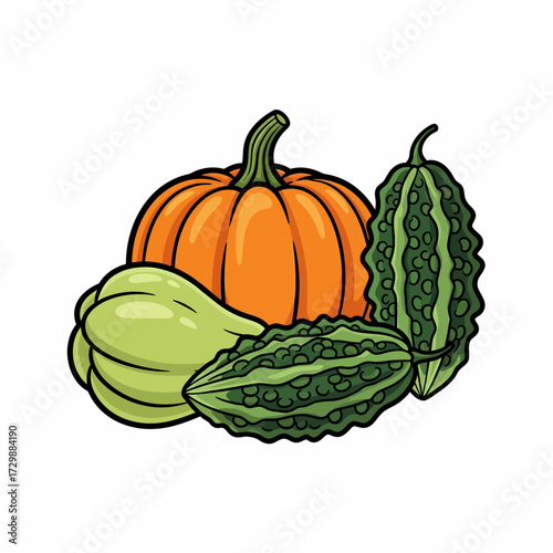 Cartoonish Still Life of Pumpkin Butternut Squash and Bitter Melon.