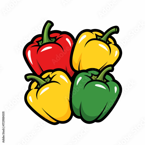Four Boldly Outlined Peppers Red Yellow and Green Vegetable Arrangement.