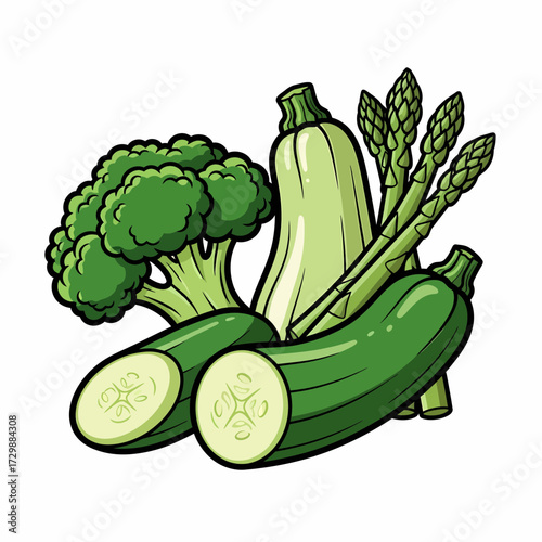 Fresh Green Vegetables Broccoli Zucchini Asparagus and Pale Green Squash Still Life.
