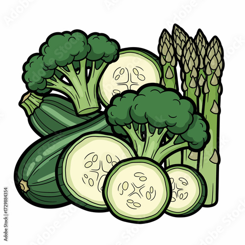 Freshly Cut Zucchini Slices with Broccoli Florets and Asparagus Spears Illustration.