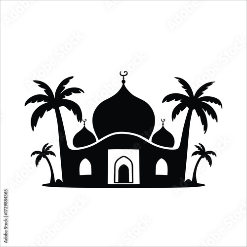 Cute Mosque with Heart-Shaped Dome and Date Palm Tree, Minimal Black Silhouette