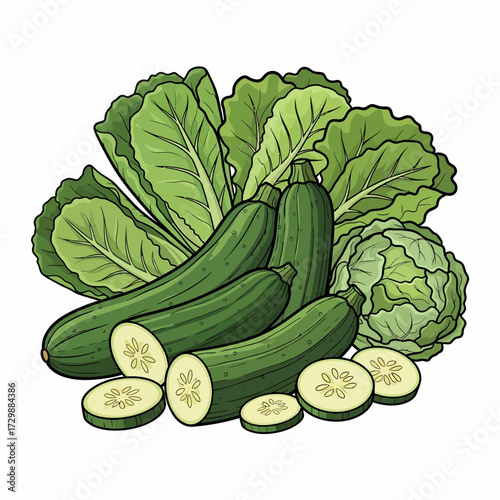 Freshly Harvested Green Vegetables Zucchini Cabbage and Leafy Greens Arrangement.