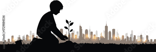 Conceptual illustration of a child planting a sapling against a city skyline, symbolizing hope and sustainability
