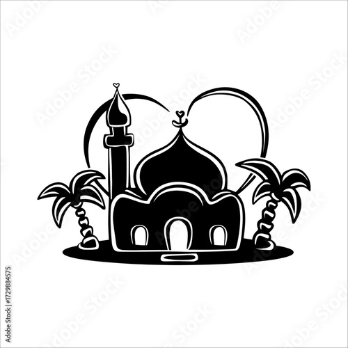 Cute Mosque with Heart-Shaped Dome and Date Palm Tree, Minimal Black Silhouette
