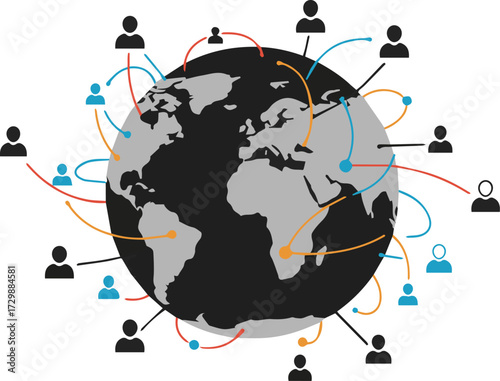 Conceptual graphic representing a worldwide community with interconnected people icons forming a global communication network