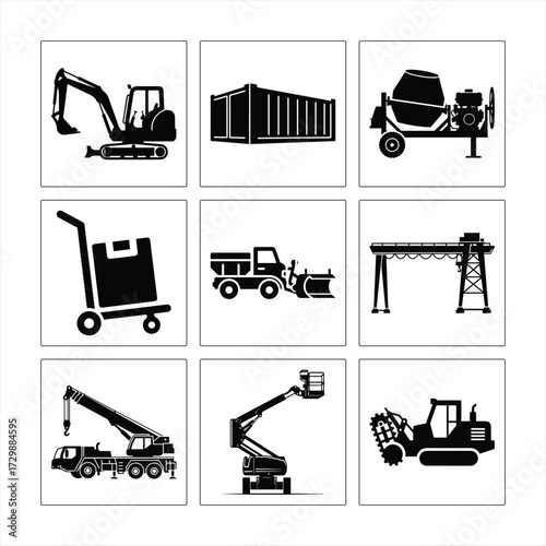 Collection Of Industrial Equipment Icons For Construction Site Services And Industrial Equipment Leasing Purposes