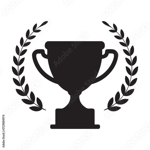 Illustration of a black trophy cup surrounded by a laurel wreath, isolated on white background, symbolizing victory, achievement, and recognition in sports and competitions. Adobe Illustrator Artwork