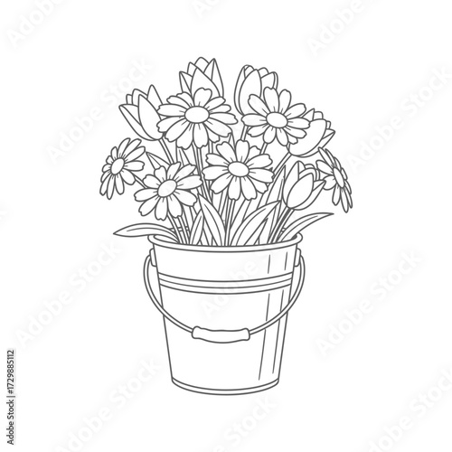 A bucket filled with a bouquet of daisies and tulips, presented in a simple line art style.