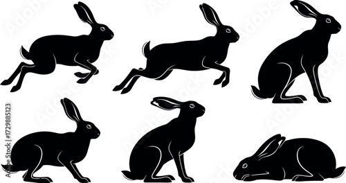 Vector art of six black hare silhouettes in various poses
