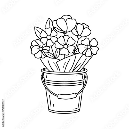 A black and white line drawing of a bucket filled with a bouquet of flowers wrapped in paper.