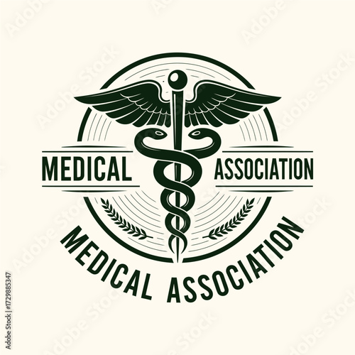 A vintage-style logo for a medical association featuring the Caduceus symbol with snakes and wings.