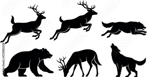 Vector art of set of black silhouettes of wild animals