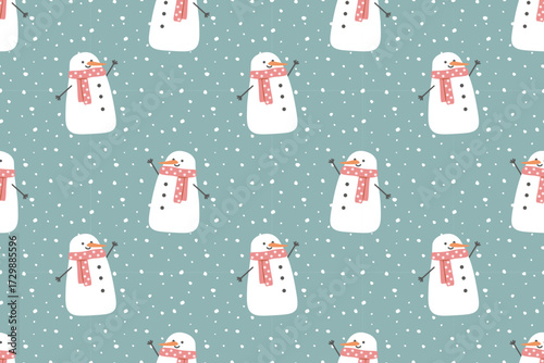 Cozy winter seamless pattern. Christmas, New Year, winter holidays. Funny snowman and falling snow. Gray, pink and white colors.  For wallpapers, textiles, packaging, backgrounds, or websites.