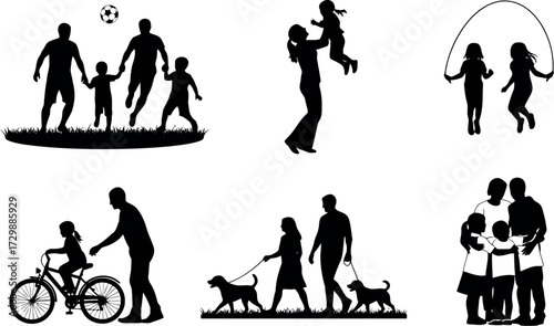 Vector art of silhouettes of families enjoying outdoor activities