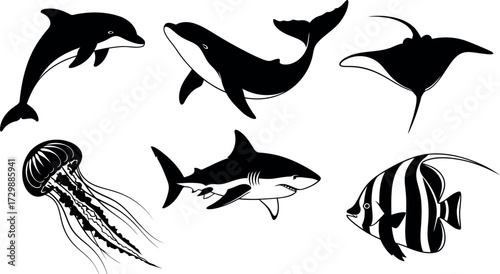 Vector art of collection of black silhouette marine animals
