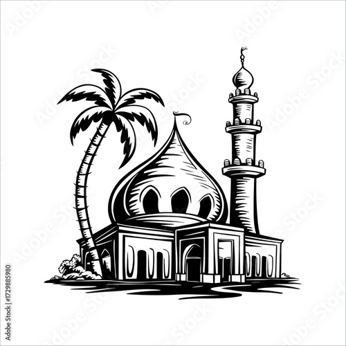 Cute Mosque with Heart-Shaped Dome and Date Palm Tree, Minimal Black Silhouette