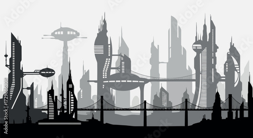 Vector art of futuristic cityscape with modern architecture and bridges in grayscale silhouette