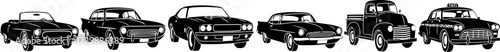 Vector art of collection of vintage cars and a truck