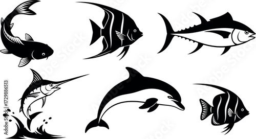 Vector art of collection of marine animals and fish silhouettes