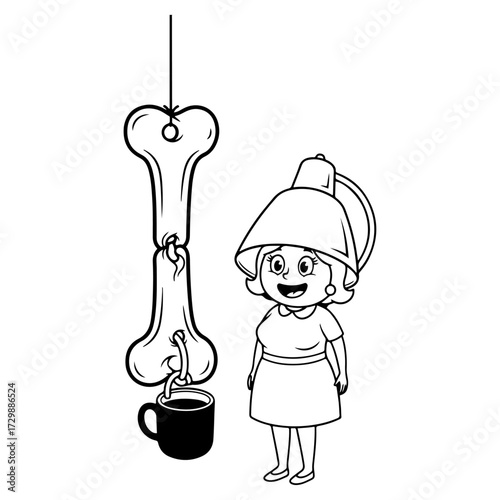 Surreal and whimsical illustration of a woman wearing a lampshade on her head, watching coffee fall from a hanging bone. Quirky black and white line art for conceptual design or coloring pages.