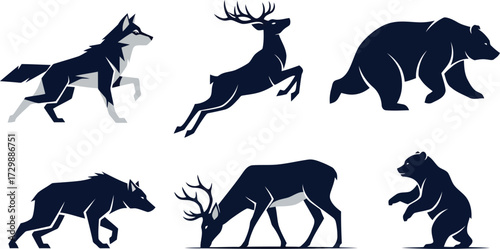 Vector art of set of six dark blue silhouette illustrations of wild animals
