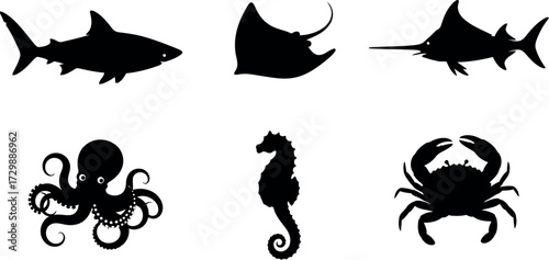 Vector art of silhouette collection of marine animals including shark, ray, swordfish, octopus, seahorse, and crab