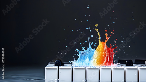 Vibrant music concept with colorful water splash on piano keys creates a dynamic visual experience for creative projects and artistic campaigns