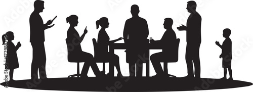 Conceptual silhouette illustrating the modern challenge of work-life balance, with a business meeting and family with children combined