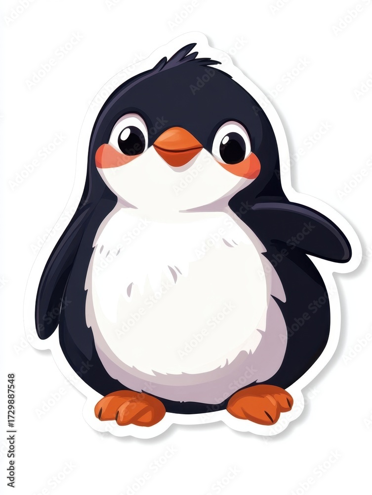 Obraz premium Sticker, cute cheerful cartoon penguin chick, white background 