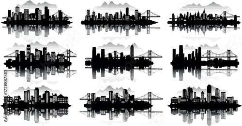 Vector art of collection of city skylines with mountains and reflections