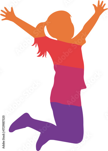 Colorful silhouette of a happy little girl jumping for joy, celebrating childhood freedom and youthful energy