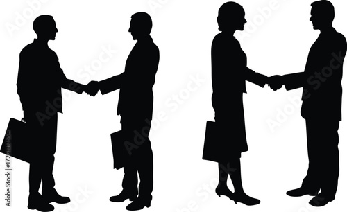 Male and female business people handshake silhouette. Handshake corporate business partners. corporate agreement deal success concept vector.