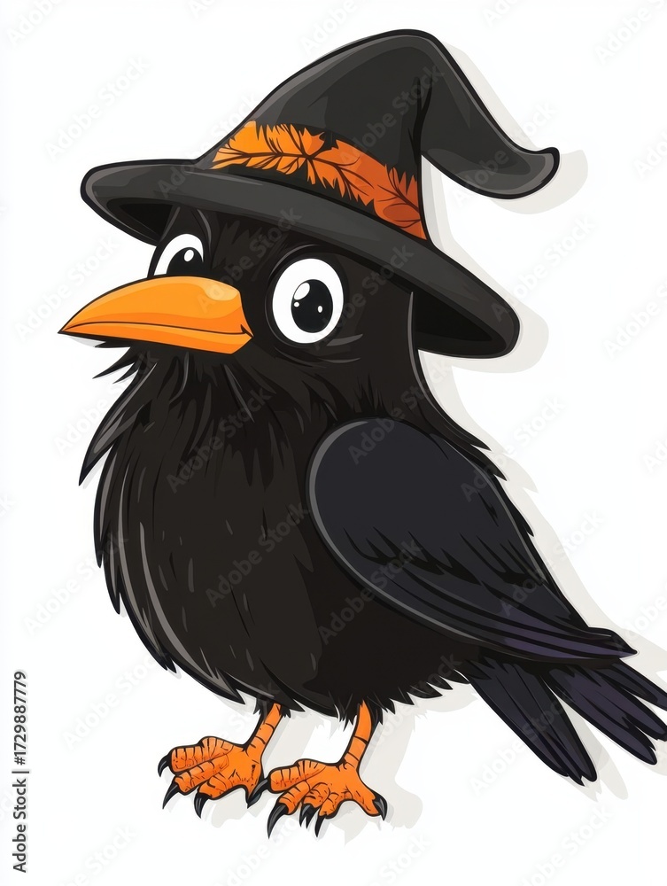 Fototapeta premium Sticker, cute cheerful cartoon raven chick in a funny hat, white background