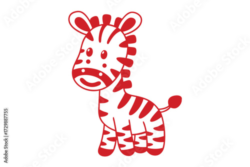 A cute red zebra with stripes stands happily on white background
