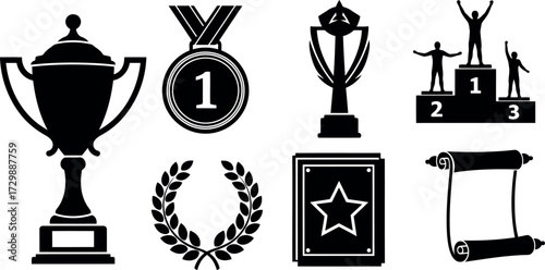 Vector art of collection of black silhouette icons representing awards and achievements