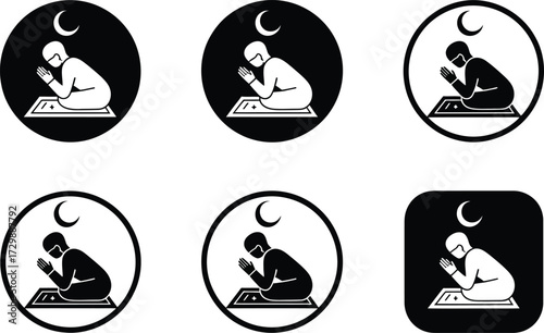 Islamic Prayer Icons: Man Praying Under Crescent Moon