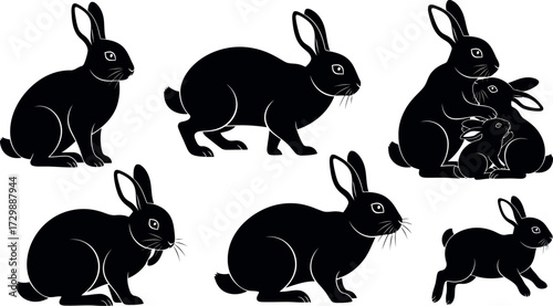 Vector art of group of black rabbits in various poses