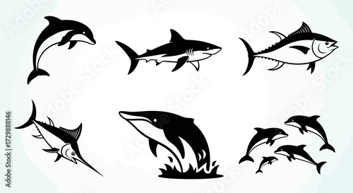Vector art of set of marine animal silhouettes including dolphins, shark, tuna, and marlin