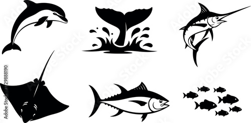 Vector art of collection of marine mammal and fish silhouettes