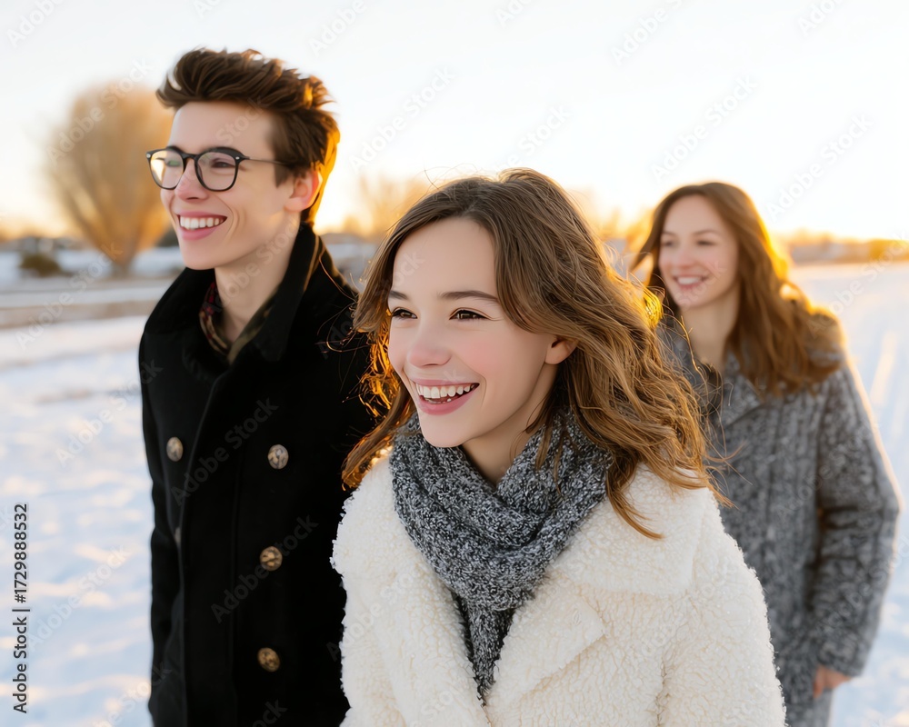 Fototapeta premium Holiday lifestyle Happy Friends Enjoying a Winter Day Outdoors in Cozy Attire in festive home interior