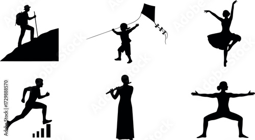 Vector art of collection of silhouette icons representing various activities and sports
