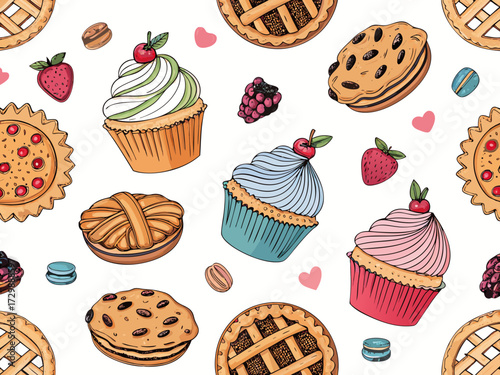 Showcasing Seamless Bakery Doodles With Cupcakes Pies And Elegant Creative Visual