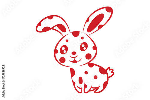 Adorable dotted bunny stands happily outlined in red with soft smile over white background