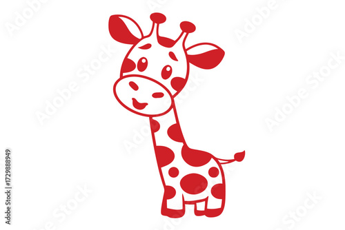Adorable giraffe character with red spots smiles gently on a clean white background