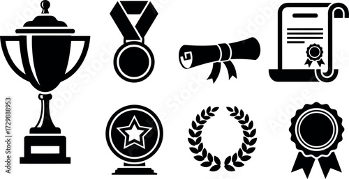 Vector art of set of black and white graduation and achievement icons on a
