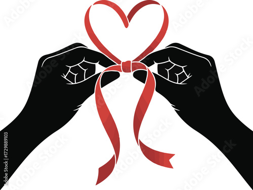 Hands form red ribbon heart symbol of love and support